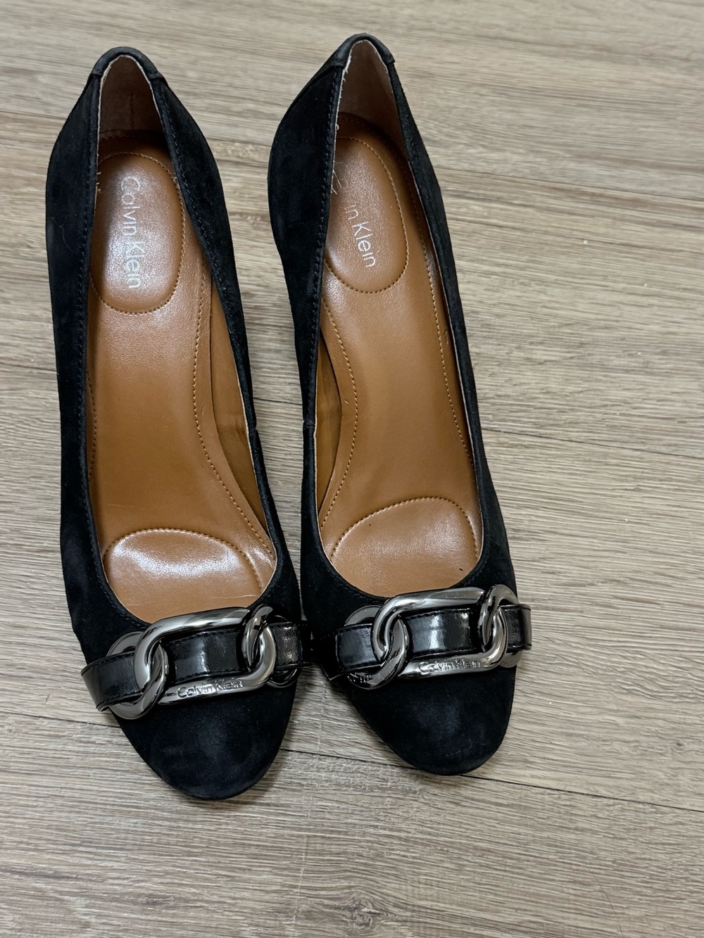 Y2K Calvin Klein Black Suede Pumps with Silver Chain Accent